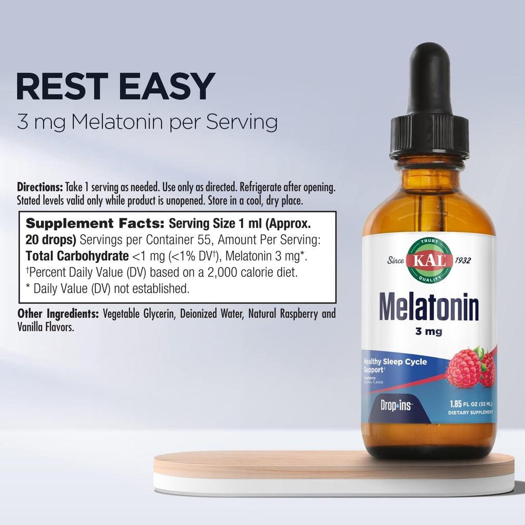 KAL Melatonin Dropins 3Mg, Healthy Sleep Aid Support, Liquid Melatonin Drops for Optimal Absorption & Calming Relaxation Support, Fast Acting, Natural Raspberry Flavor, Approx. 55 Servings, 1.85Oz