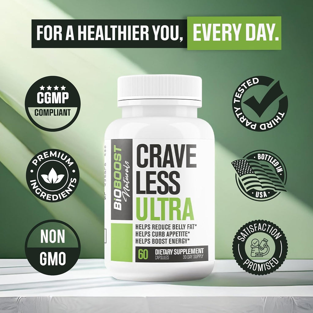 Crave Less Ultra - Supports GLP-1 Pathway Function - Weight Loss Pills/Appetite Suppressnt + Fat Burner for Women & Men | Increase Energy - 3Rd Party Tested Formula - 60 Capsules for Adults
