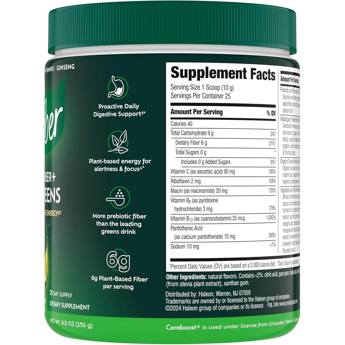 Benefiber Prebiotic GLP-1 Friendly Fiber + Supergreens Dietary Supplement Powder, Watermelon Lemonade Flavor, 8.8 Oz (250G)