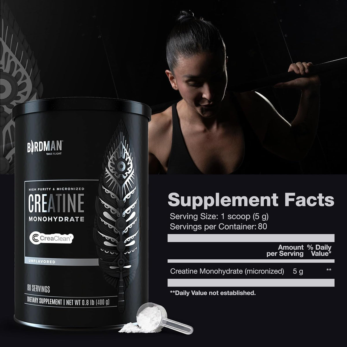 BIRDMAN Micronized Creatine Monohydrate Powder, Muscle Recovery, Caffeine Free, Creatine Pre Workout, Vegan, Post Workout, Gluten Free, Sugar Free | 80 Servings (5 Grams Each) | 0.8Lb