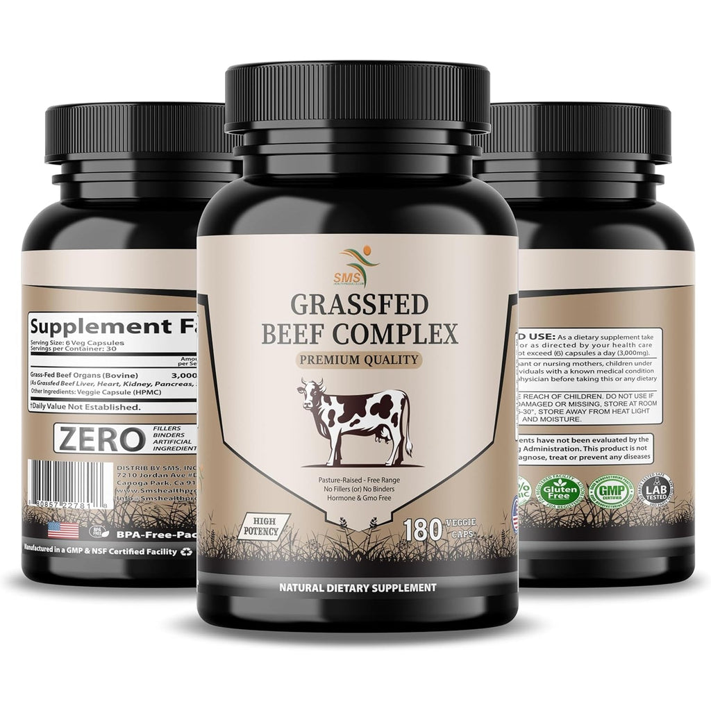 Beef Organ Supplement - Grass Fed & Pasture Raised - Total Body Wellness & Performance, Organ Complex with 3000Mg of Desiccated Beef Liver, Heart, Kidney, Pancreas, Spleen (180 Capsules)