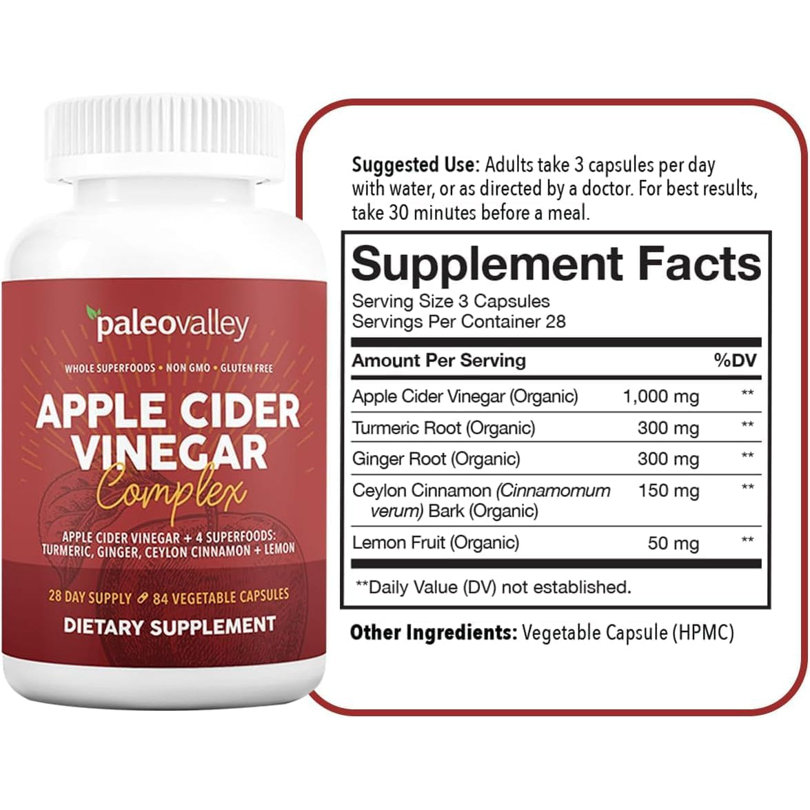 Paleovalley Apple Cider Vinegar Complex with Superfoods - Turmeric, Ginger, Ceylon Cinnamon and Lemon - 84 Vegetable Capsules