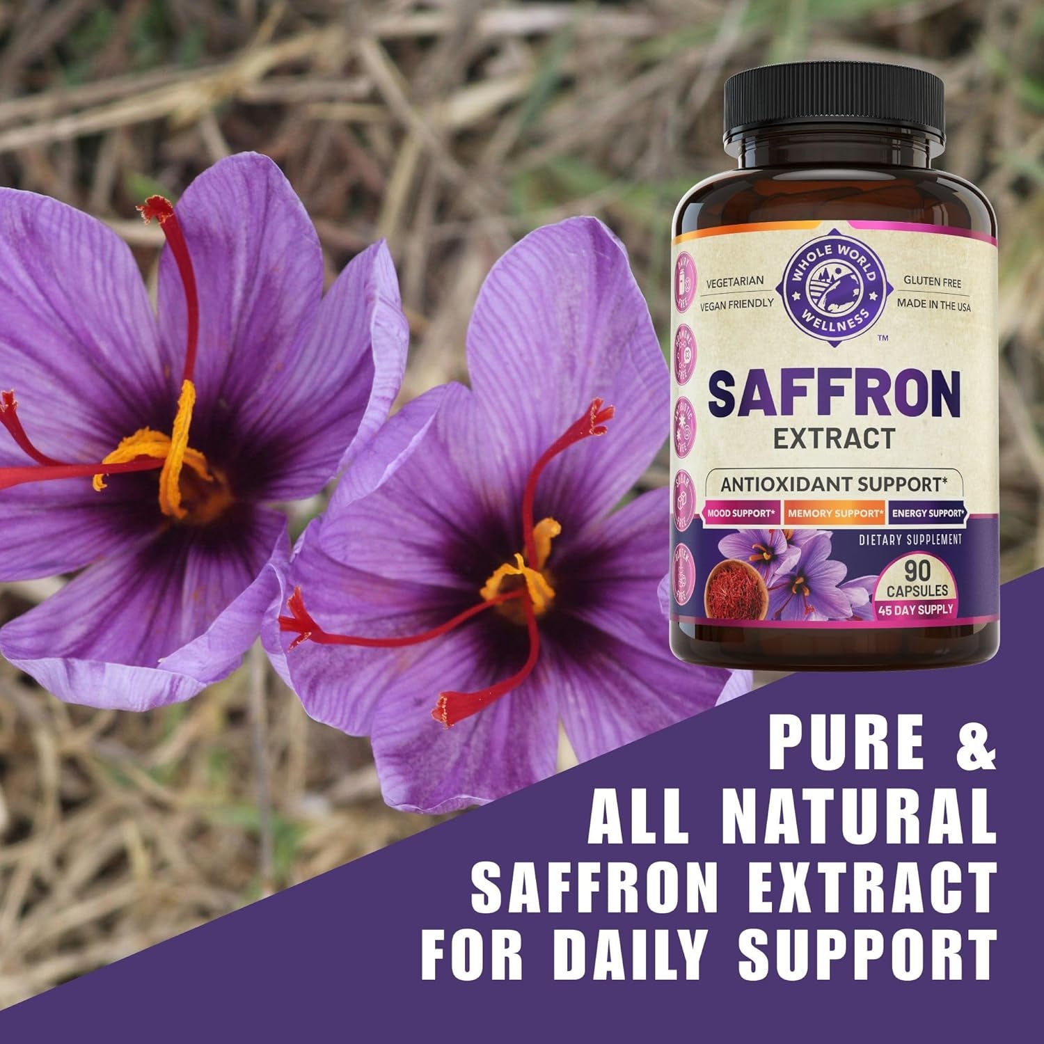 100% Pure Saffron Extract - Supports Weight and Appetite Health, Mood, Focus, Memory, Digestion, Eye, Skin and Brain Health. NSF Certified Saffron Supplements for Women and Men.