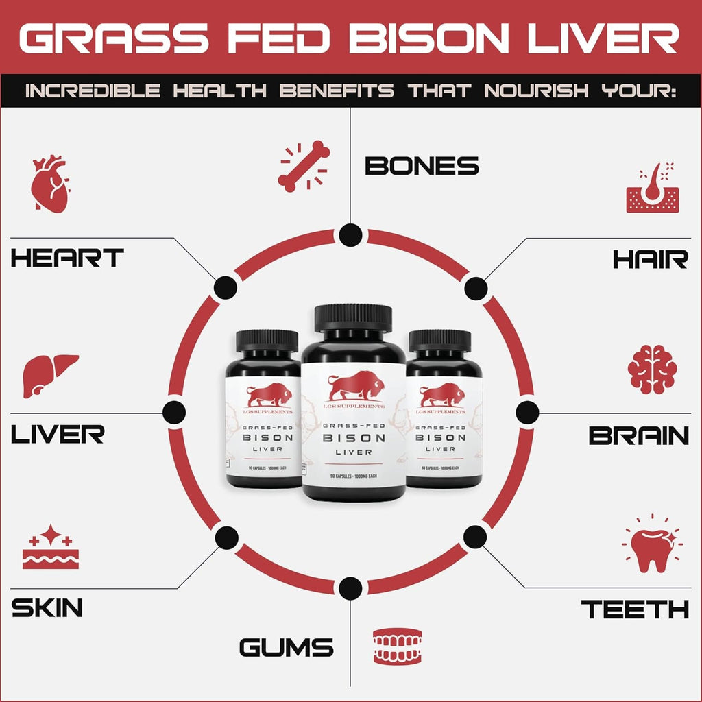 Grass Fed Bison Liver Capsules Supports Energy Production, Detoxification, Digestion, Immunity, Natural Iron Non-Gmo, Freeze Dried Liver Health Supplement, 3000Mg