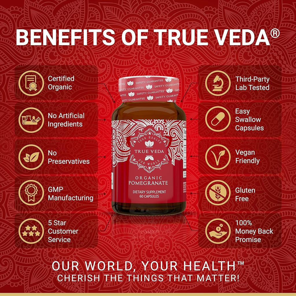 Organic Pomegranate Extract Supplement | USDA Certified Pomegranate Powder from Fruit | Natural Ellagic Acid & Punicalagins | 60 Vegan Capsules