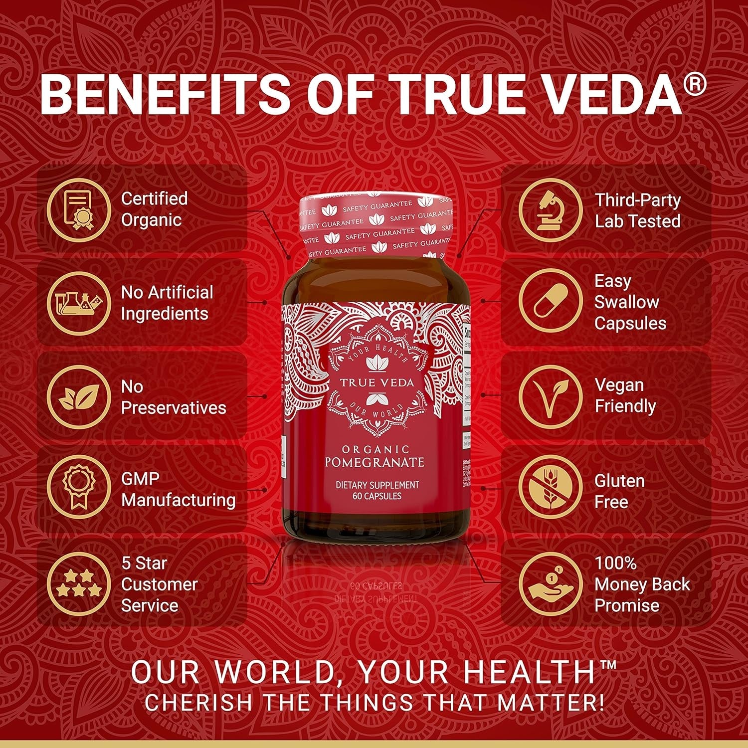 Organic Pomegranate Extract Supplement | USDA Certified Pomegranate Powder from Fruit | Natural Ellagic Acid & Punicalagins | 60 Vegan Capsules