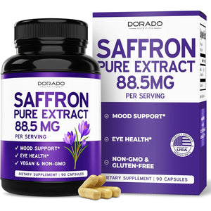 Saffron Supplements for Mood, Energy & Vision Support (3 Month Supply) Pure Saffron Extract 88.5Mg per Serving - Vegan Safe, Gluten Free, Third Party Tested & Non GMO - USA Made (90 Veggie Capsules)