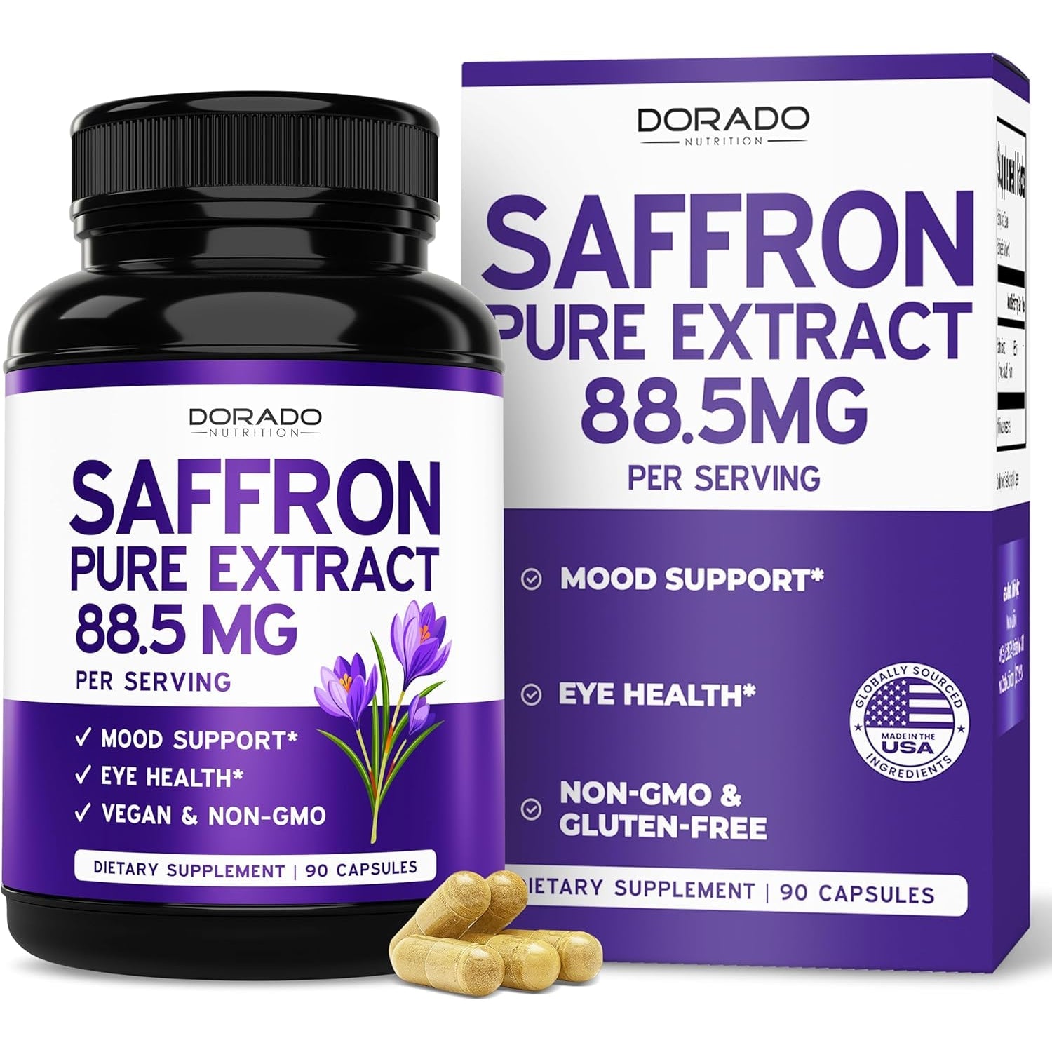 Saffron Supplements for Mood, Energy & Vision Support (3 Month Supply) Pure Saffron Extract 88.5Mg per Serving - Vegan Safe, Gluten Free, Third Party Tested & Non GMO - USA Made (90 Veggie Capsules)