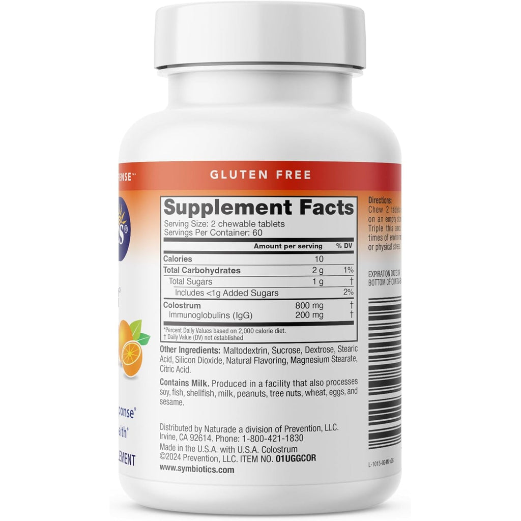 Symbiotics Naturade Colostrum Chewable Tablets Immune & Digestive Support with Lactoferrin, Gluten Free, Low Sugar, Easy Daily Wellness Nutrition (120 Count - Orange Cream)