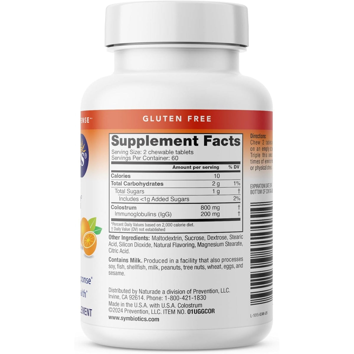 Symbiotics Naturade Colostrum Chewable Tablets Immune & Digestive Support with Lactoferrin, Gluten Free, Low Sugar, Easy Daily Wellness Nutrition (120 Count - Orange Cream)