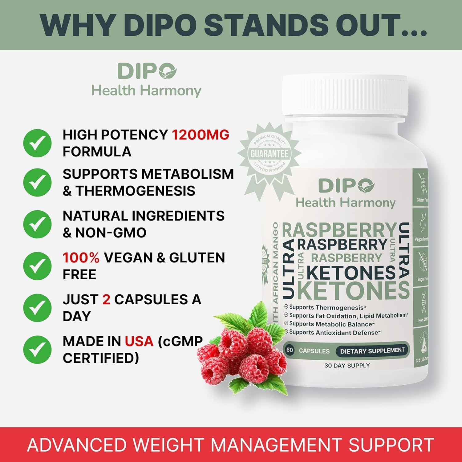 DIPO Raspberry Ketones Ultra 500Mg with African Mango Seed, Green Tea Extract & Apple Cider Vinegar - Metabolism & Healthy Weight Management Supplement for Women & Men - Vegan Non-Gmo, 60 Capsules