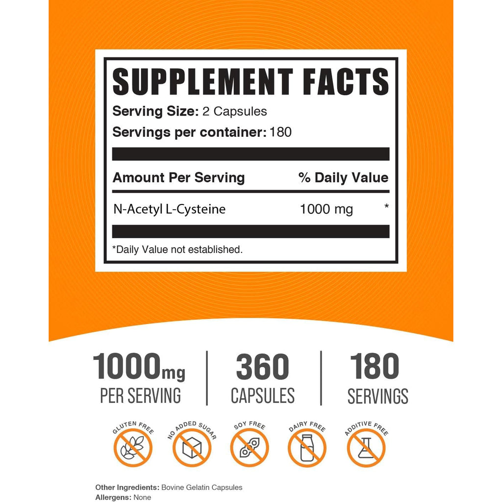 Bulksupplements.Com N-Acetyl L-Cysteine 1000Mg Capsules - N-Acetyl Cysteine 1000Mg, NAC Supplement - NAC 1000Mg, Gluten Free - 2 Capsules per Serving, 360 Capsules (Pack of 1)