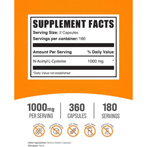 Bulksupplements.Com N-Acetyl L-Cysteine 1000Mg Capsules - N-Acetyl Cysteine 1000Mg, NAC Supplement - NAC 1000Mg, Gluten Free - 2 Capsules per Serving, 360 Capsules (Pack of 1)