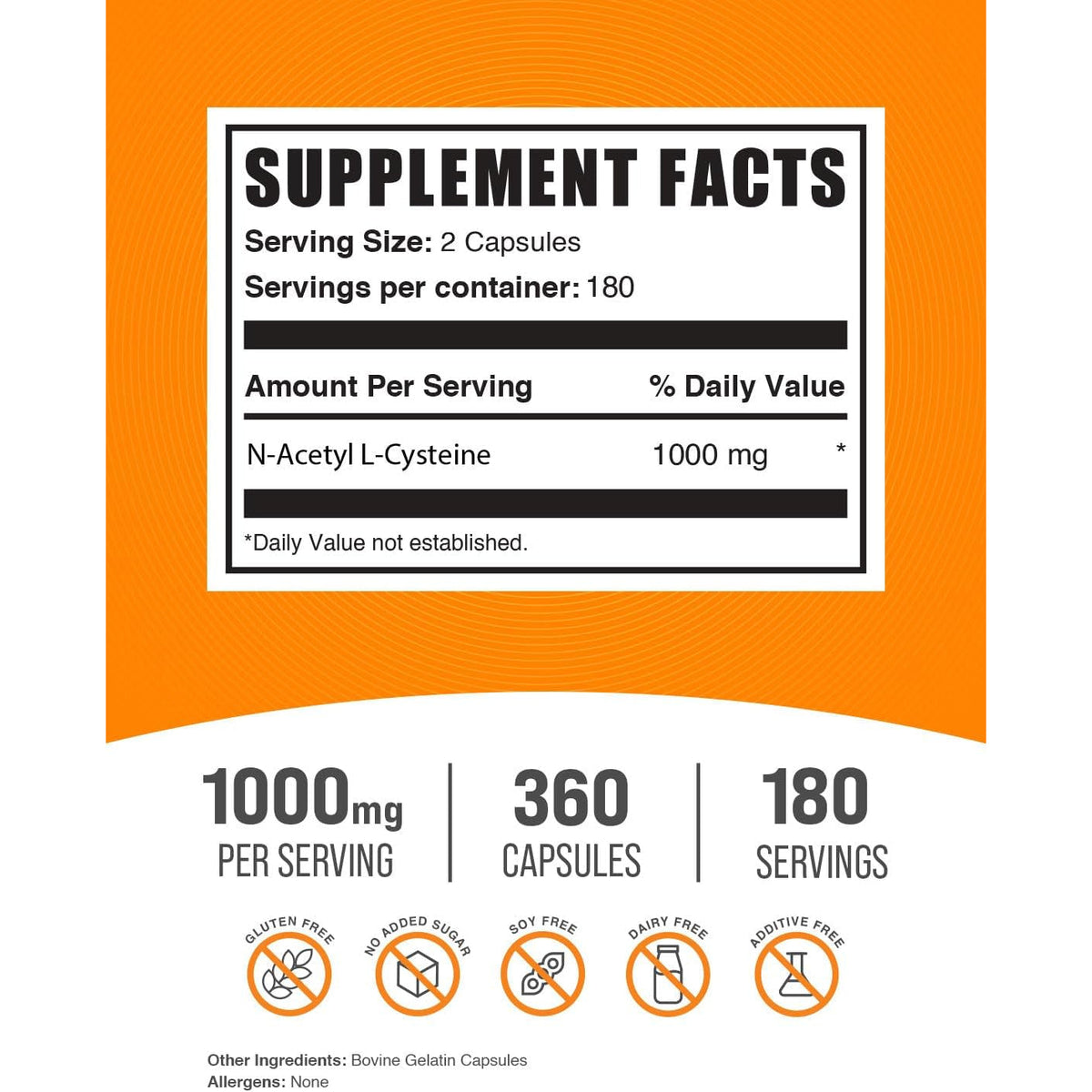 Bulksupplements.Com N-Acetyl L-Cysteine 1000Mg Capsules - N-Acetyl Cysteine 1000Mg, NAC Supplement - NAC 1000Mg, Gluten Free - 2 Capsules per Serving, 360 Capsules (Pack of 1)