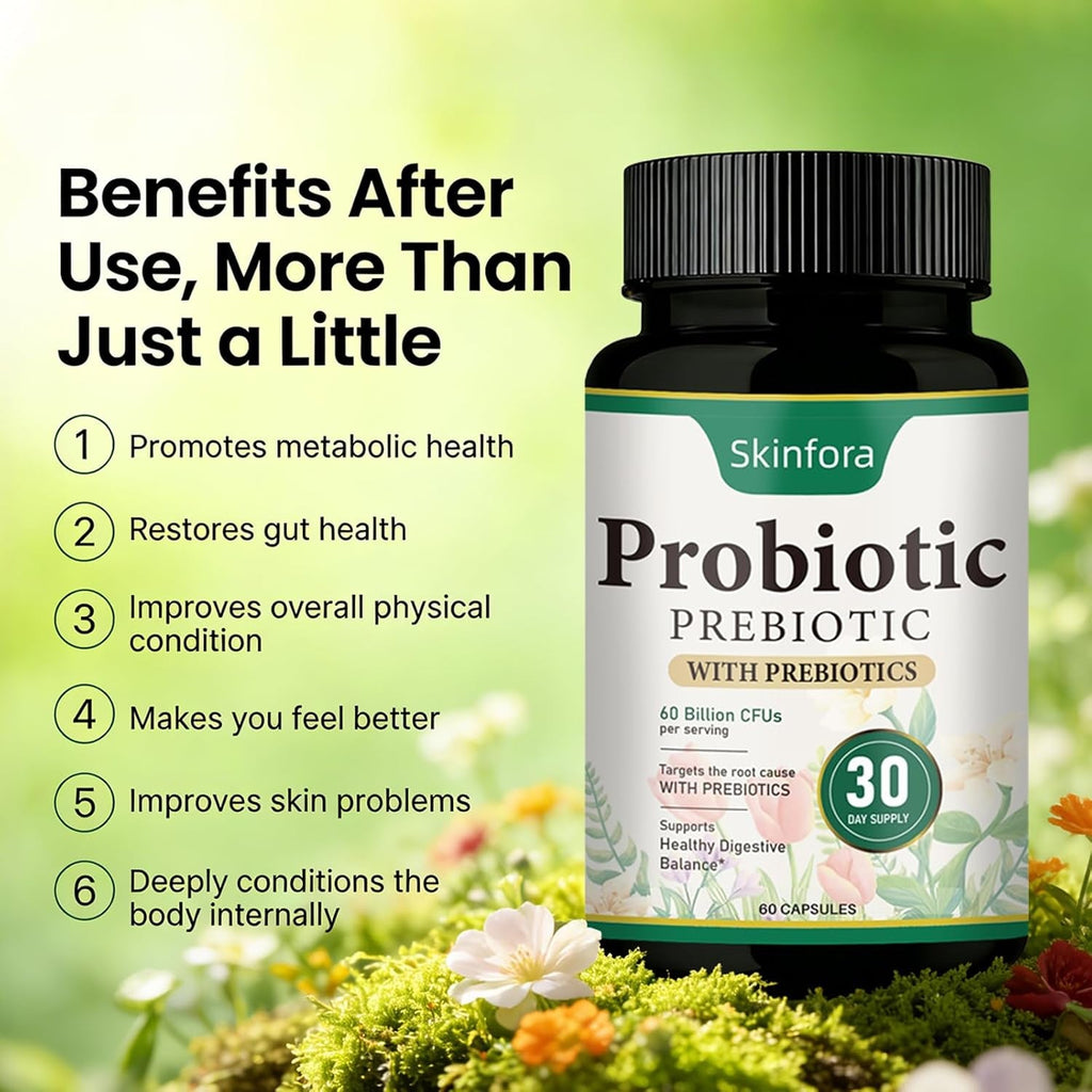 Probiotic Supplement for Skin & Gut Support, Daily Wellness Formula, Non-Gmo, Vegan, 60 Capsules