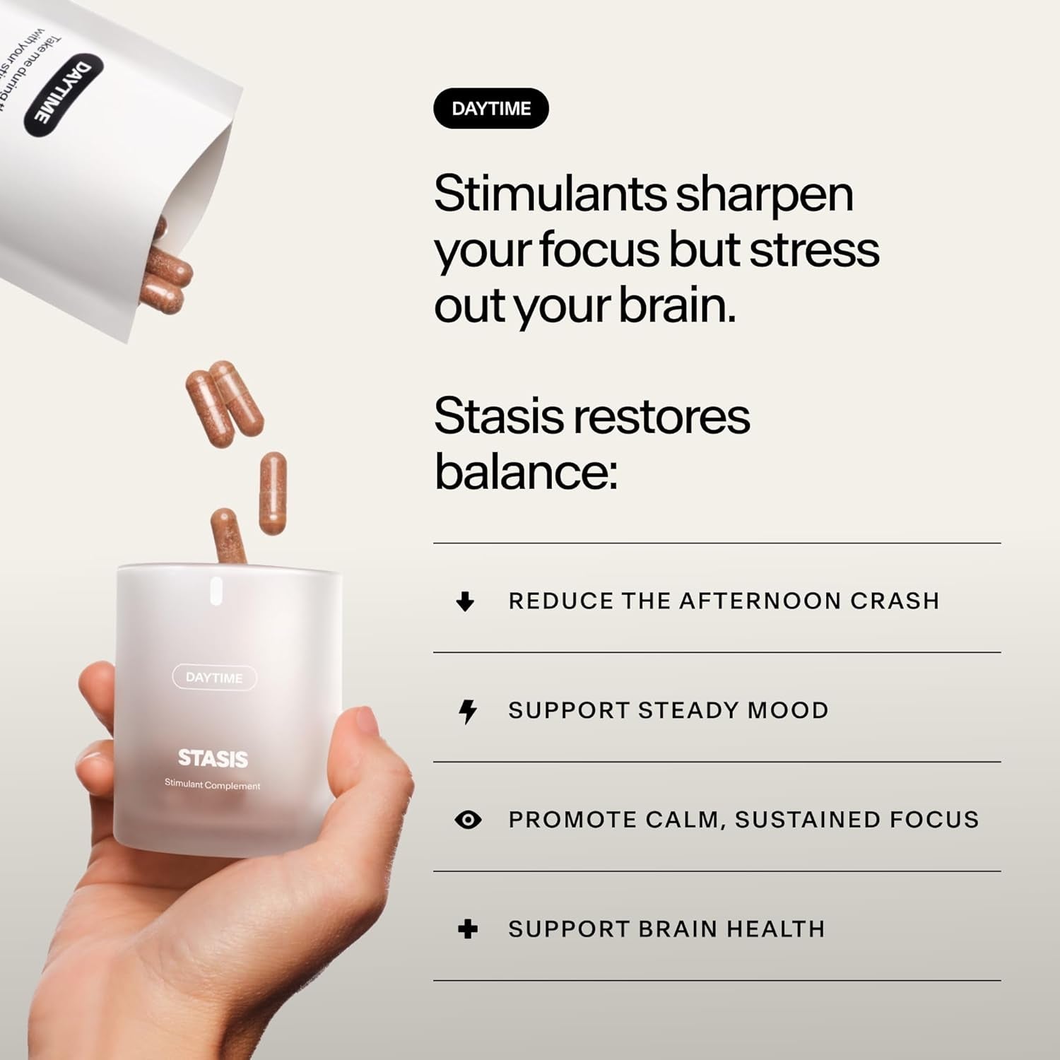 STASIS Daytime Stimulant Support Supplement for Adults with Shoden Ashwagandha, Coq10, Saffron & L Theanine, Daily Energy & Focus Capsules, No Crash, No Brain Fog, Vegan, 25 Servings, Complete Kit