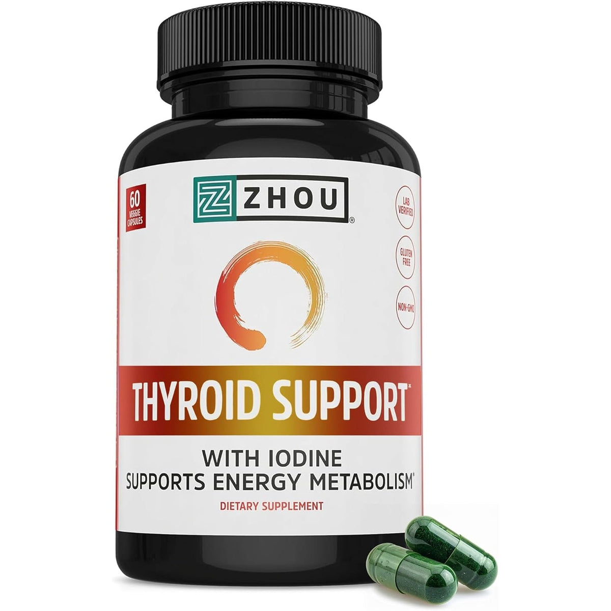 ZHOU Thyroid Support - Thyroid Supplement for Women & Men with Zinc, Iodine, & Selenium, Cellular Energy Thyroid Complex with Ashwagandha, Kelp - 60 Veggie Capsules (Pack of 1)
