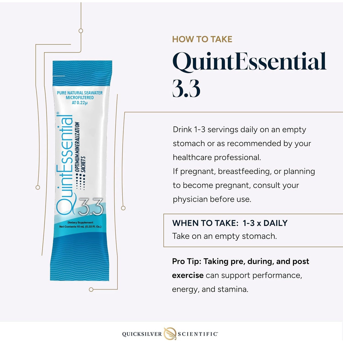 Quicksilver Scientific Quintessential 3.3 Sachets - Hypertonic Solution - Filtered Sea Water Hydration Packets - Liquid Minerals for Muscle Recovery, Stamina + Mineral Replenishment (30 Count)