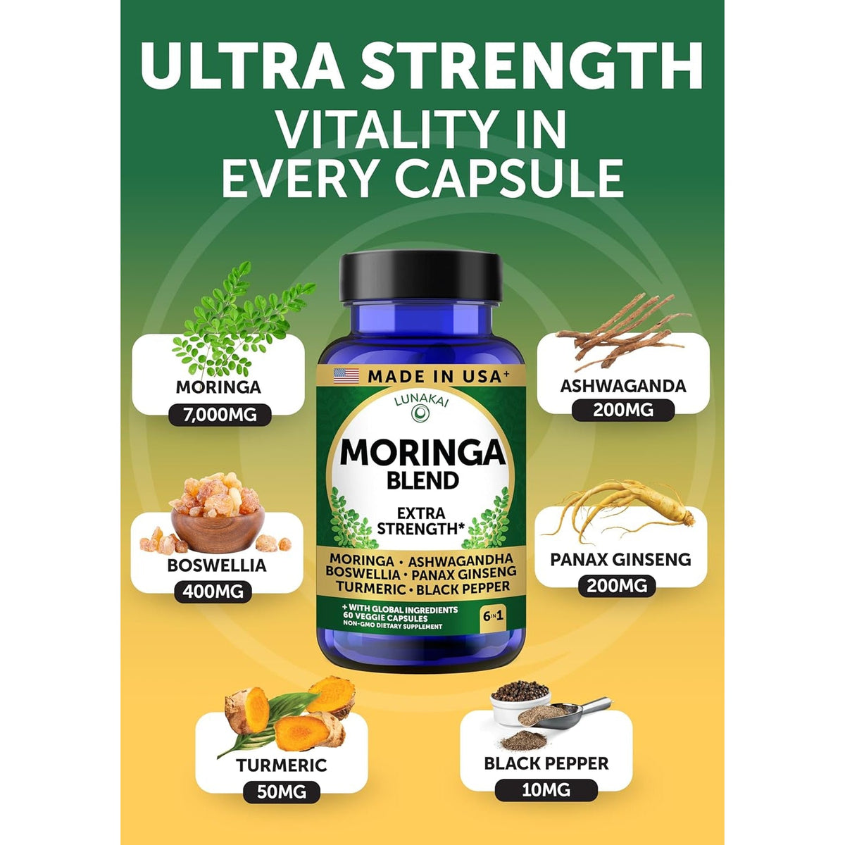 Lunakai USA Made Pure Moringa Capsules – Advanced Moringa Leaf Extract Supplement with Ashwagandha, Boswellia, Ginseng & Turmeric, 60Ct