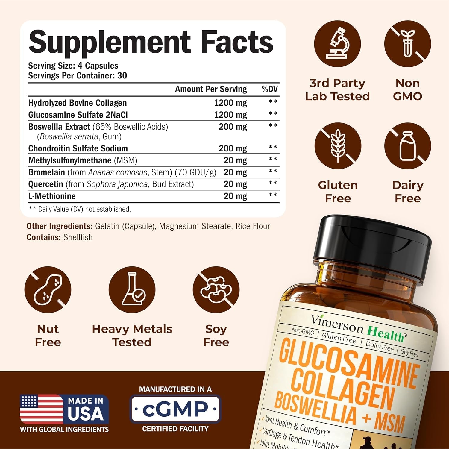 Glucosamine Chondroitin with 1200Mg Hydrolyzed Collagen Peptides, Boswellia Extract, Quercetin, Bromelain, MSM – Hair Skin Nails and Joint Supplement for Women & Men – FSA Eligible 120 Capsules
