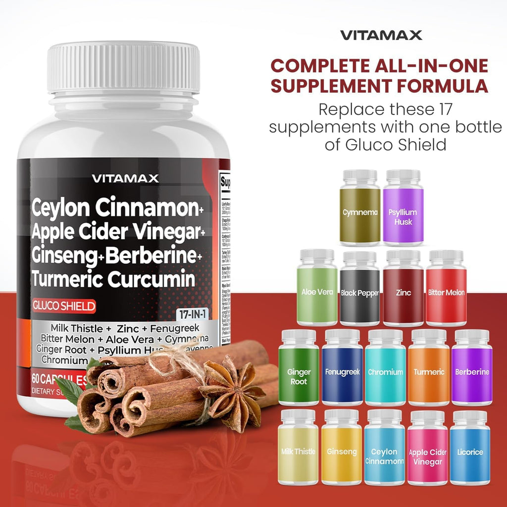 Ceylon Cinnamon, Apple Cider Vinegar, Turmeric - Gluco Health Support - Panax Ginseng, Berberine, Bitter Melon Milk Thistle Fenugreek - Non GMO – Made in USA – 60Ct