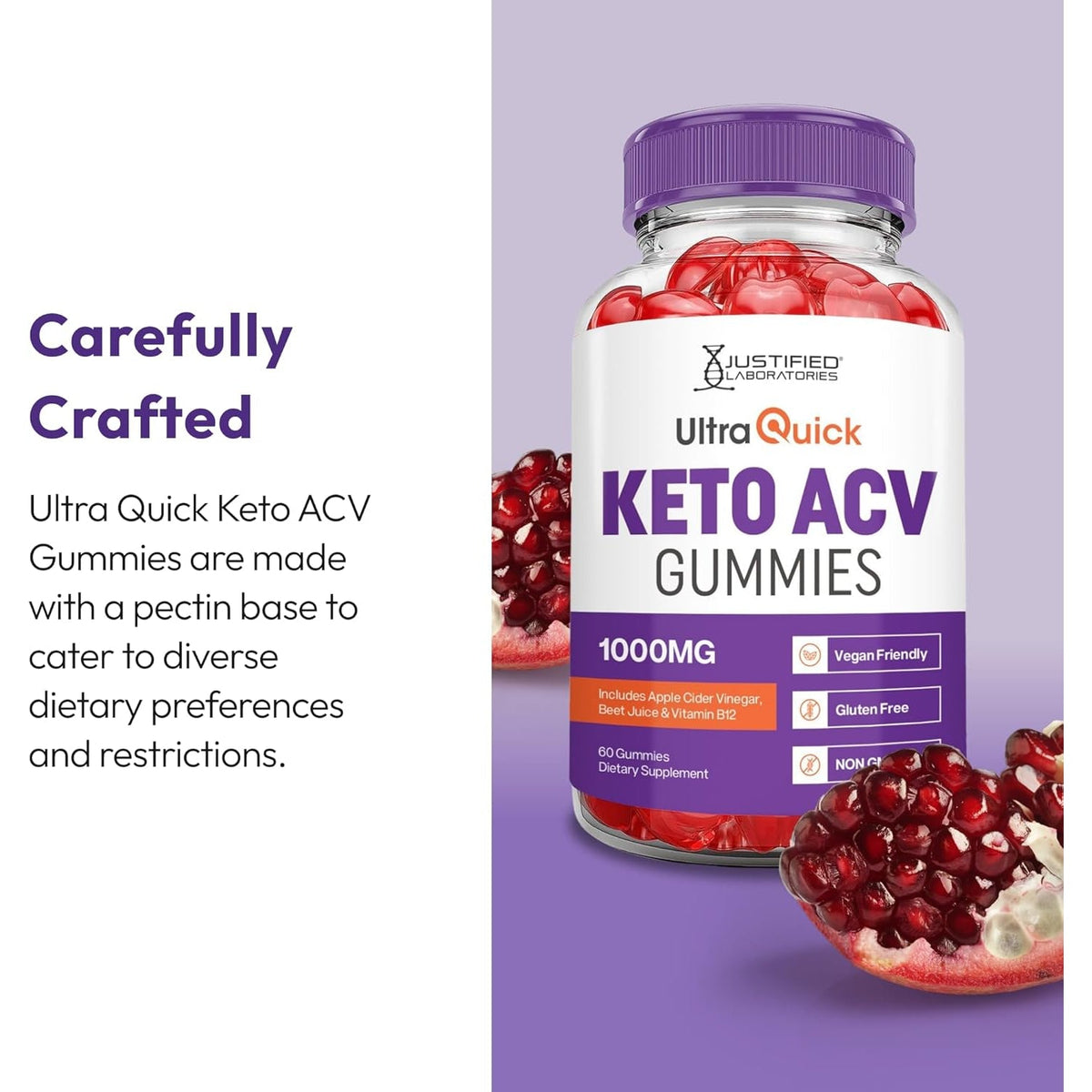 Justified Laboratories Ultra Quick Keto ACV Gummies (1000 Mg) - 60 Count - Formulated with Apple Cider Vinegar, Folate & Vitamin B12 - Non-Gmo, Vegan, Gluten Free - 30 Servings