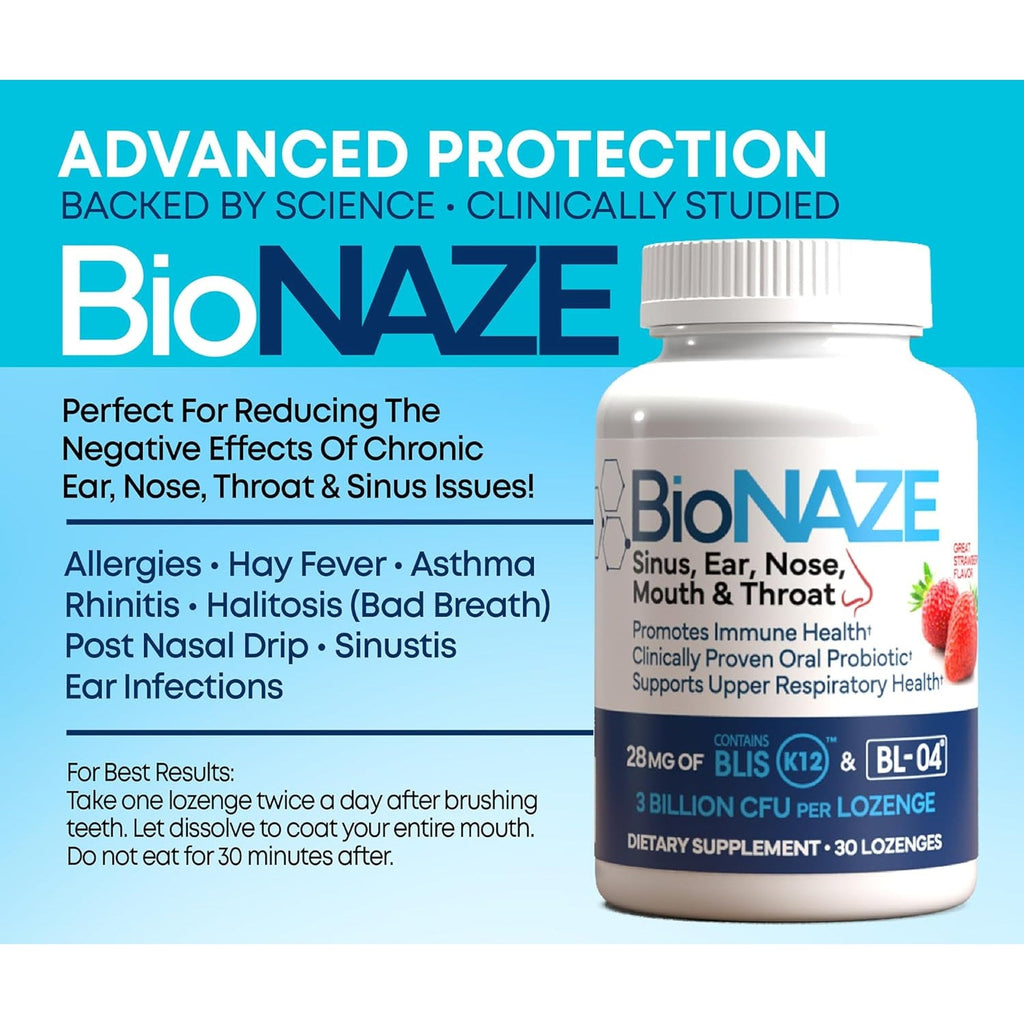 Bionaze Oral Probiotic BLIS K12 & BL-04 for Sinus, Tonsil Stones, Bad Breath, Post Nasal Drip, Throat, Mouth, Teeth & Gut - Improve Oral & Respiratory Health. Clinically Proven Probiotic Strains 30 Ct