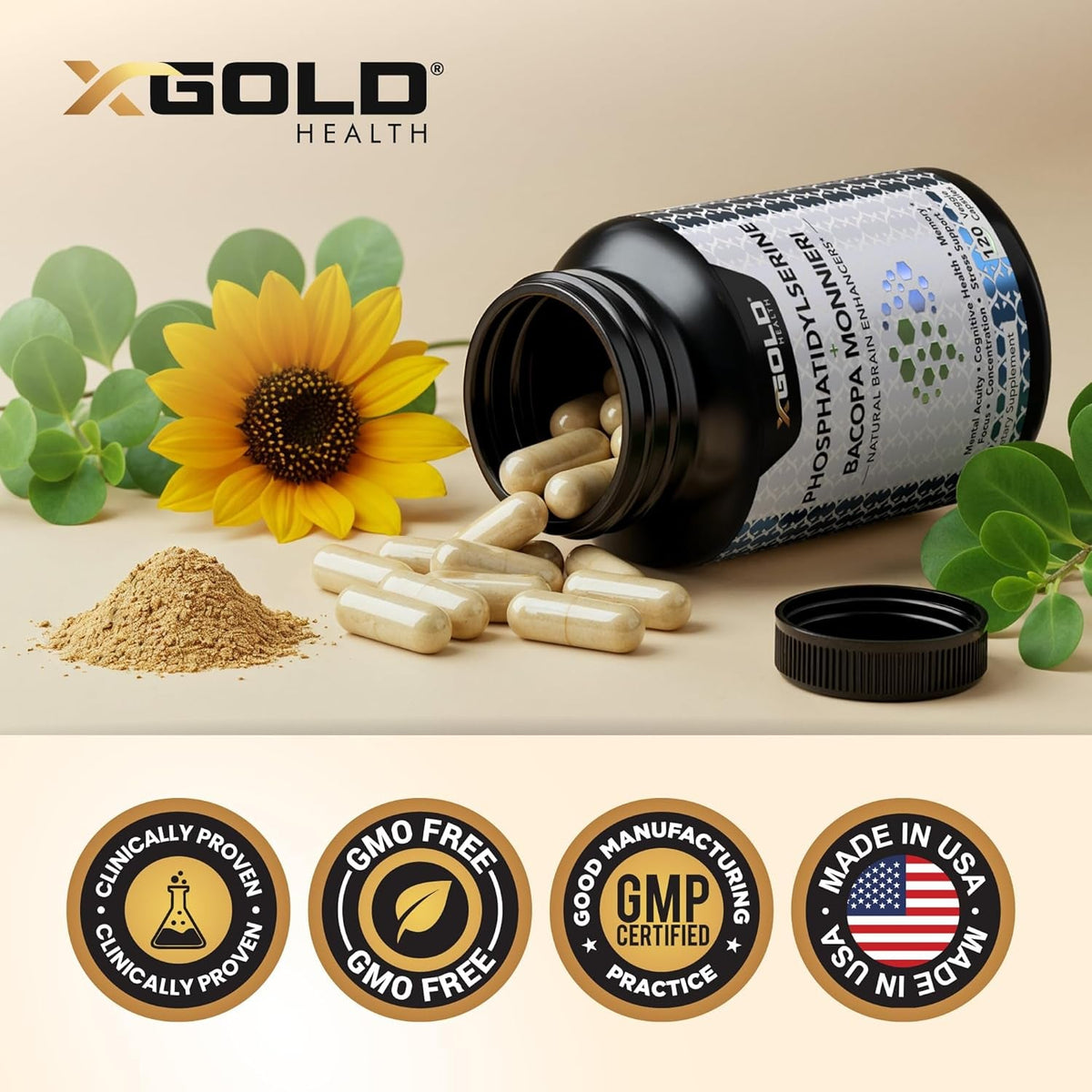 Phosphatidylserine & Bacopa Monnieri 800 Mg 2 in 1 Supplement - Natural Brain Enhancer/Nootropic for Enhanced Focus and Concentration, Memory Support, & Cognitive Function - 120 Vegetarian Capsules