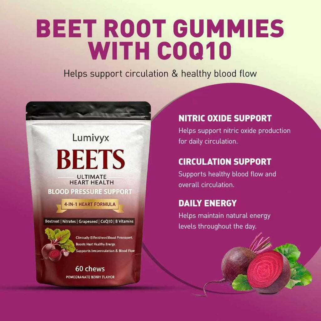 Beet Chews, Beets Chews the 3-In-1，With 500Mg Beetroot, 100Mg Coq10 & 150Mg Grape Seed Extract，60 Count