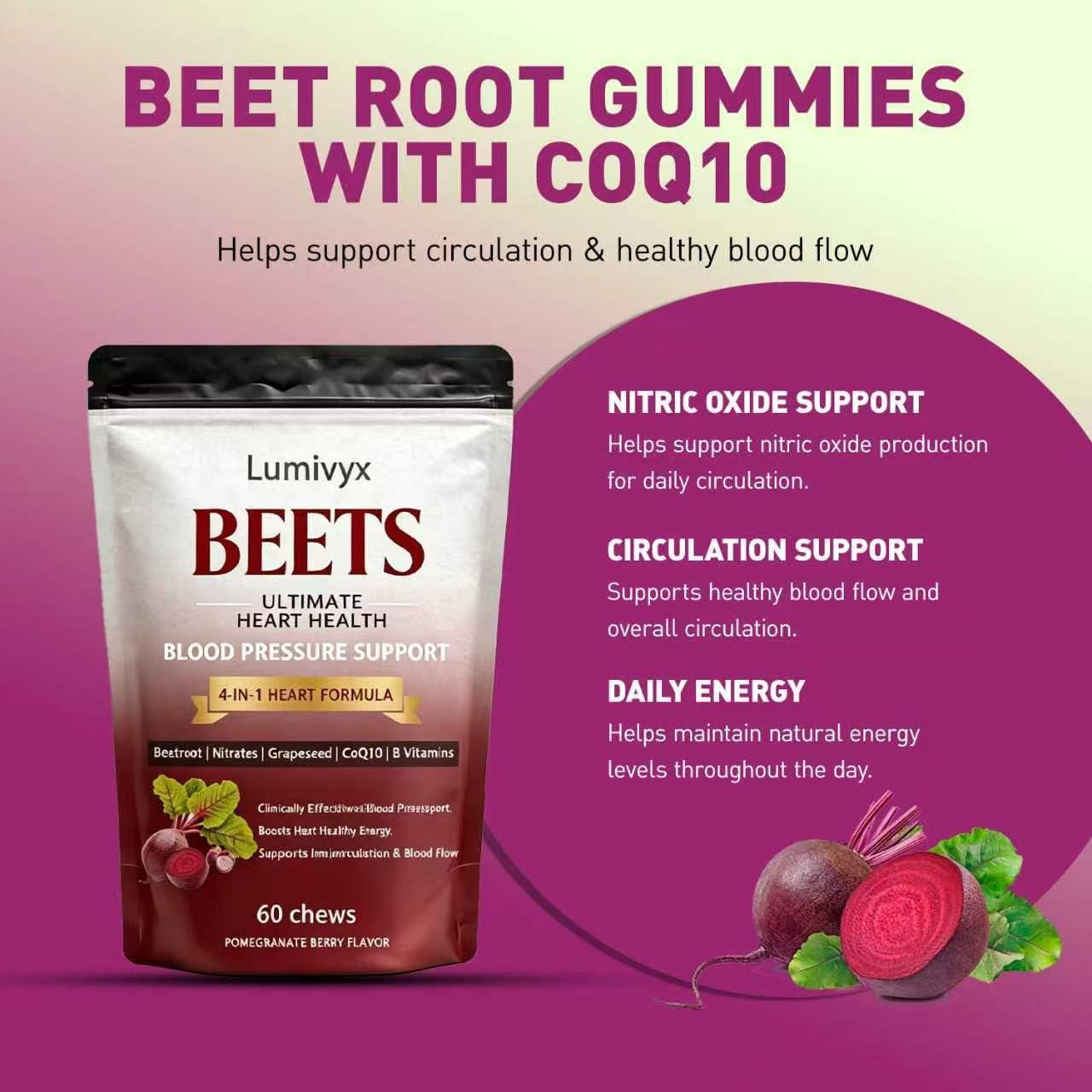 Beet Chews, Beets Chews the 3-In-1，With 500Mg Beetroot, 100Mg Coq10 & 150Mg Grape Seed Extract，60 Count