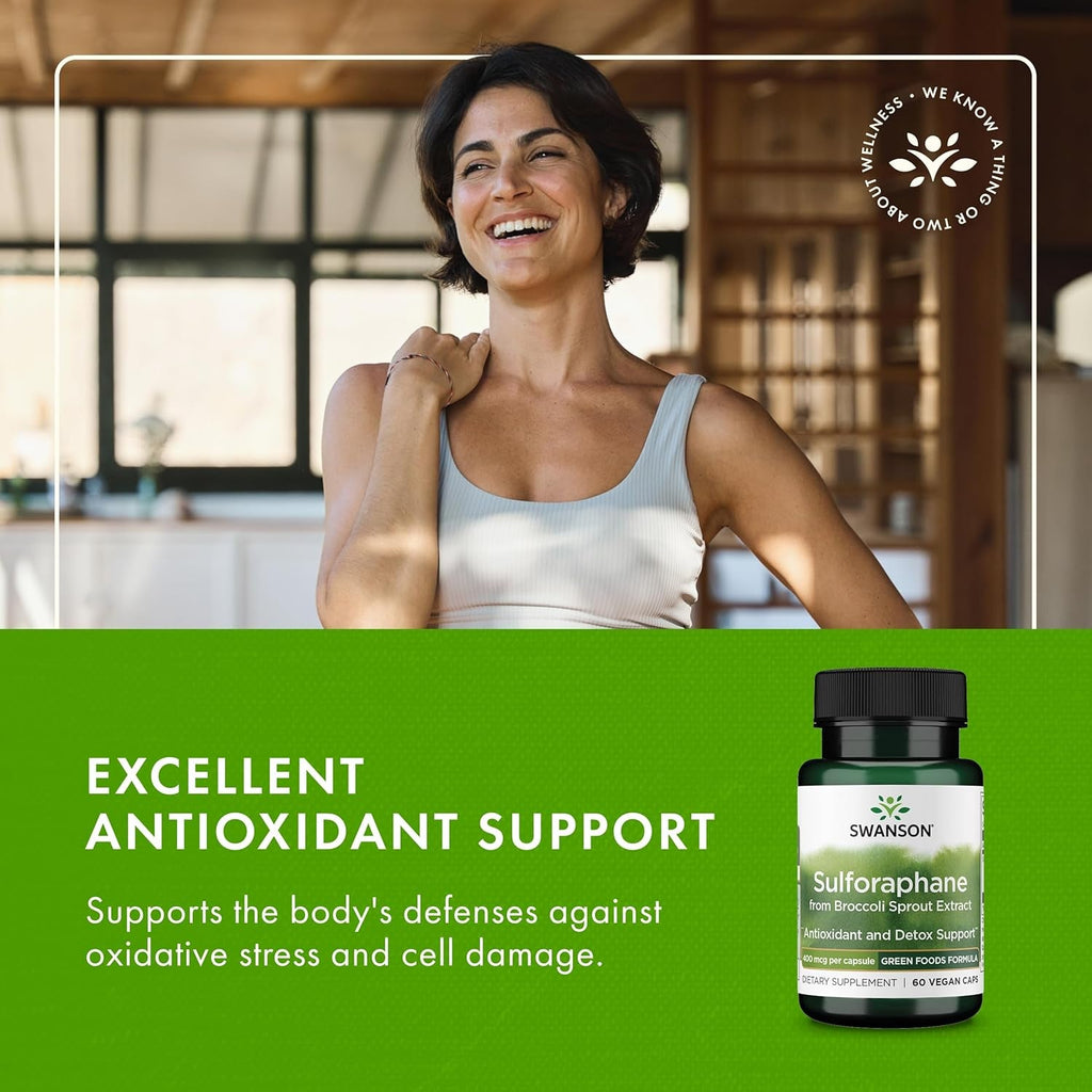 Swanson Sulforaphane Broccoli Sprout Extract for Adults Seeking Liver and Cellular Health Support - Standardized to 0.4% Sulforaphane (60 Vegan Capsules, 400 Mcg)