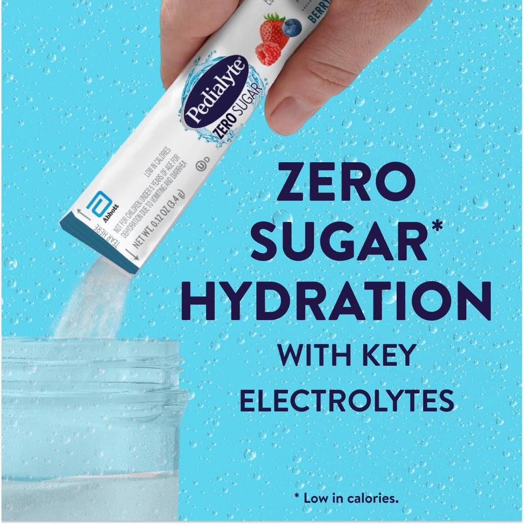 Pedialyte Electrolyte Drink Mix with Zero Sugar | Hydration with Key Electrolytes | Great Hydration Low in Calories | Berry Frost, 24 Powder Packets