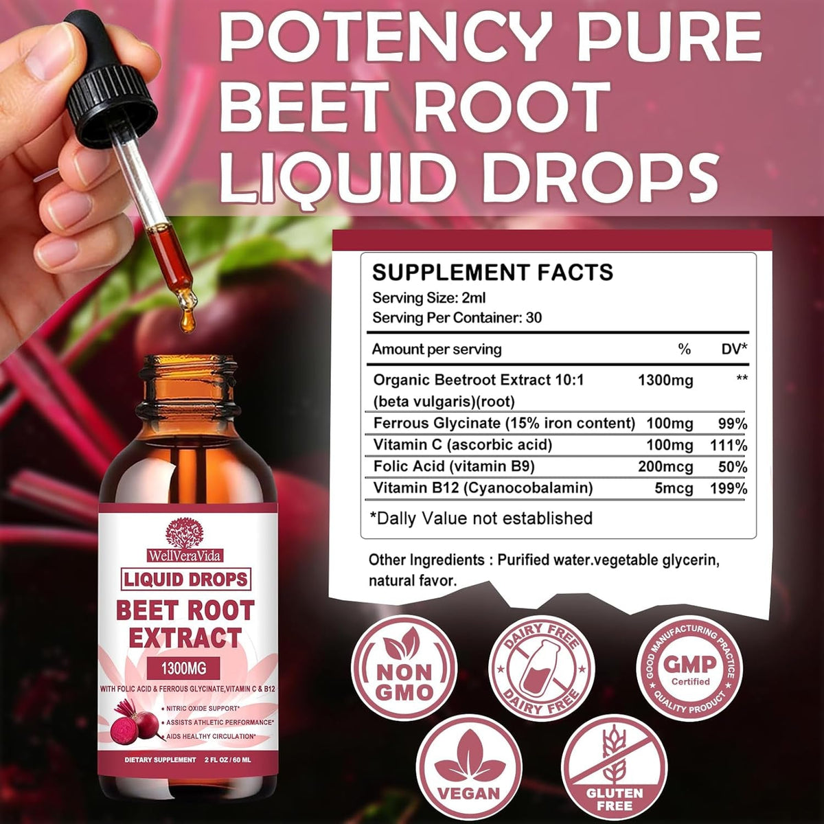Beetroot Supplement, Organic Beet Root Extract Drops W/Iron Folic Acid, Vitamin B12 & C for Nitric Oxide Production & Healthy Blood Pressure, Superior Liquid to Beet Root Capsules or Powder丨Sugar Free