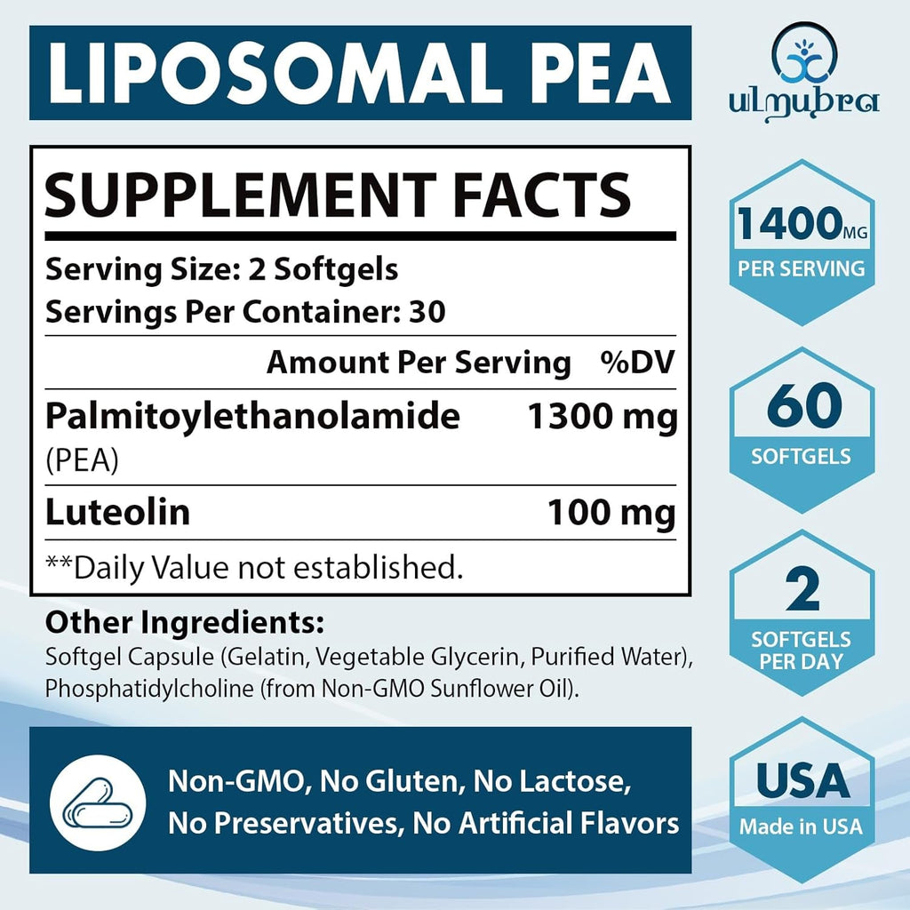 Ulmubra Liposomal Palmitoylethanolamide 1300 MG plus Luteolin 100 MG, Superior Absorption, Micronized Pea Supplement for Discomfort Management, 60 Softgels
