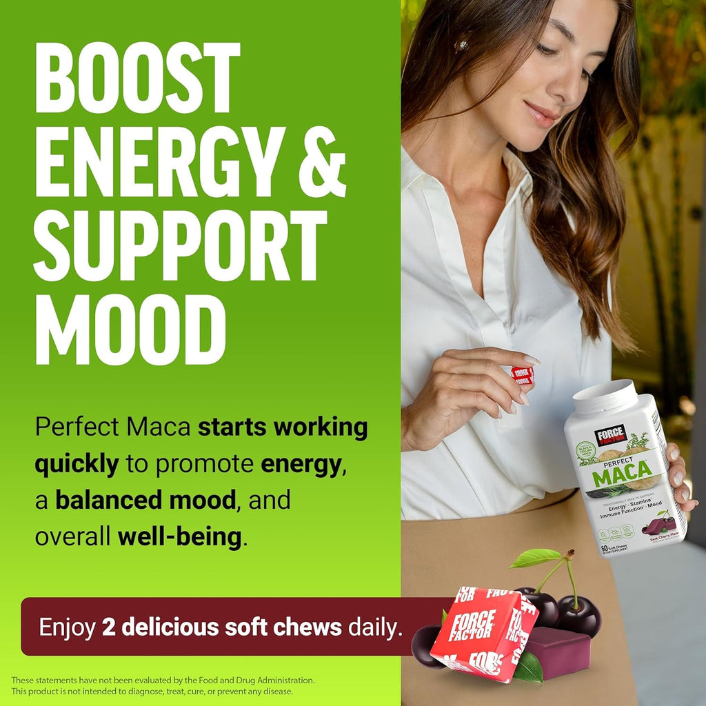 Force Factor Perfect Maca, Maca Root and DIM Supplement with Saffron to Boost Energy and Mood, with Yellow and Black Maca, Vitamins, Minerals, and Antioxidants, Dark Cherry Flavor, 60 Soft Chews