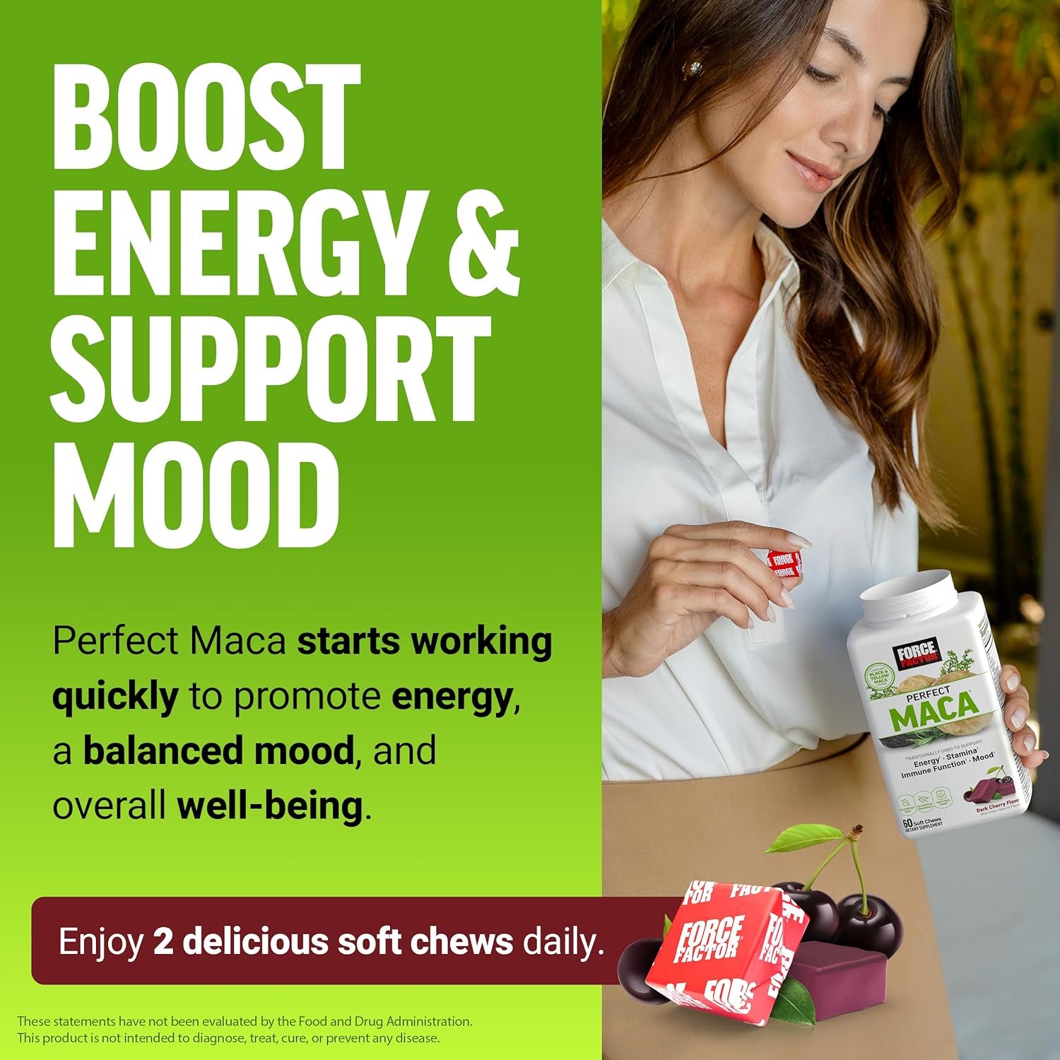 Force Factor Perfect Maca, Maca Root and DIM Supplement with Saffron to Boost Energy and Mood, with Yellow and Black Maca, Vitamins, Minerals, and Antioxidants, Dark Cherry Flavor, 60 Soft Chews