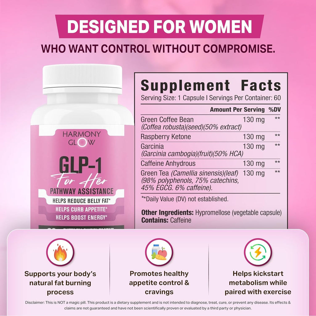 Harmony Glow GLP-1 | Promotes Weight Loss for Women, Helps Appetite Control & Promotes Energy - Assists Metabolic Pathways Linked to GLP-1 Signaling & Fat Loss - 3Rd Party Tested Supplement - 60 Pills