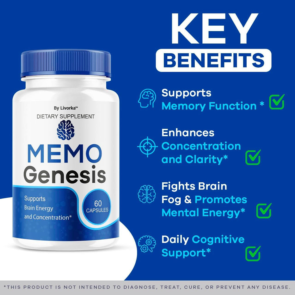 Memo Genesis Capsules - Original Memogenesis Brain Health Daily Support Pills Natural Advanced Formula Cognitive Health & Function to Help Maintain Clarity Focus, 60 Capsules for 1 Month