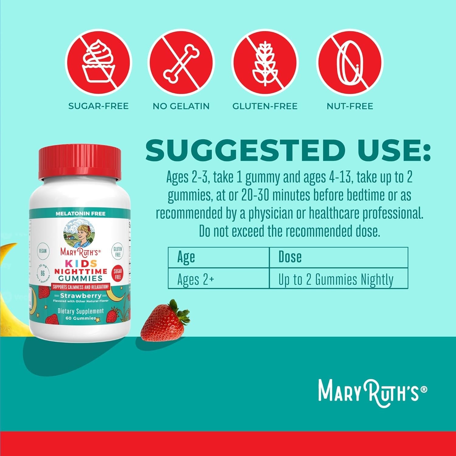 MARYRUTH'S Kids Nighttime Gummies | Sugar Free | NO Melatonin with L Theanine, Lemon Balm, Chamomile, Vitamin B6 | Relaxation Support for Kids 2+ | Vegan | Non-Gmo | Gluten Free | 60 Count
