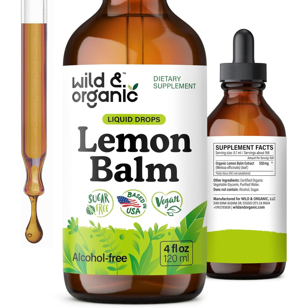Wild & Organic Lemon Balm Tincture - Good Mood Support - Melissa Lemon Balm Extract Drops - Add to Tea for Relaxation - Vegan, Sugar & Alcohol-Free Leaf Supplement - 4 Fl Oz