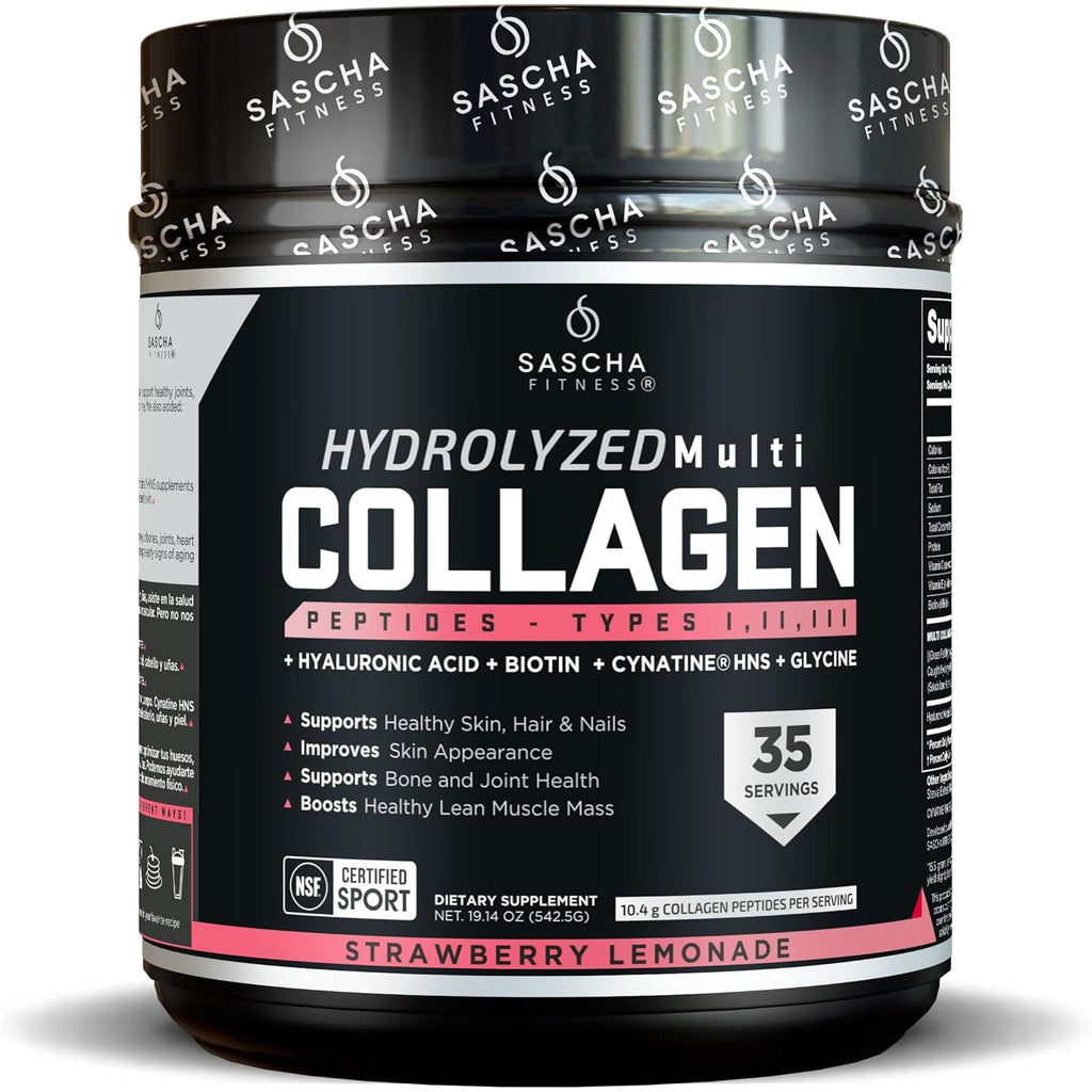 SASCHA FITNESS Hydrolyzed Multi Collagen Peptides Tipes 1,2 & 3 |Hyaluronic Acid|Biotin |Cynatine Hsn|Vitamin C & E |For Hairs, Skin & Bone Support|Strawberry Lemonade
