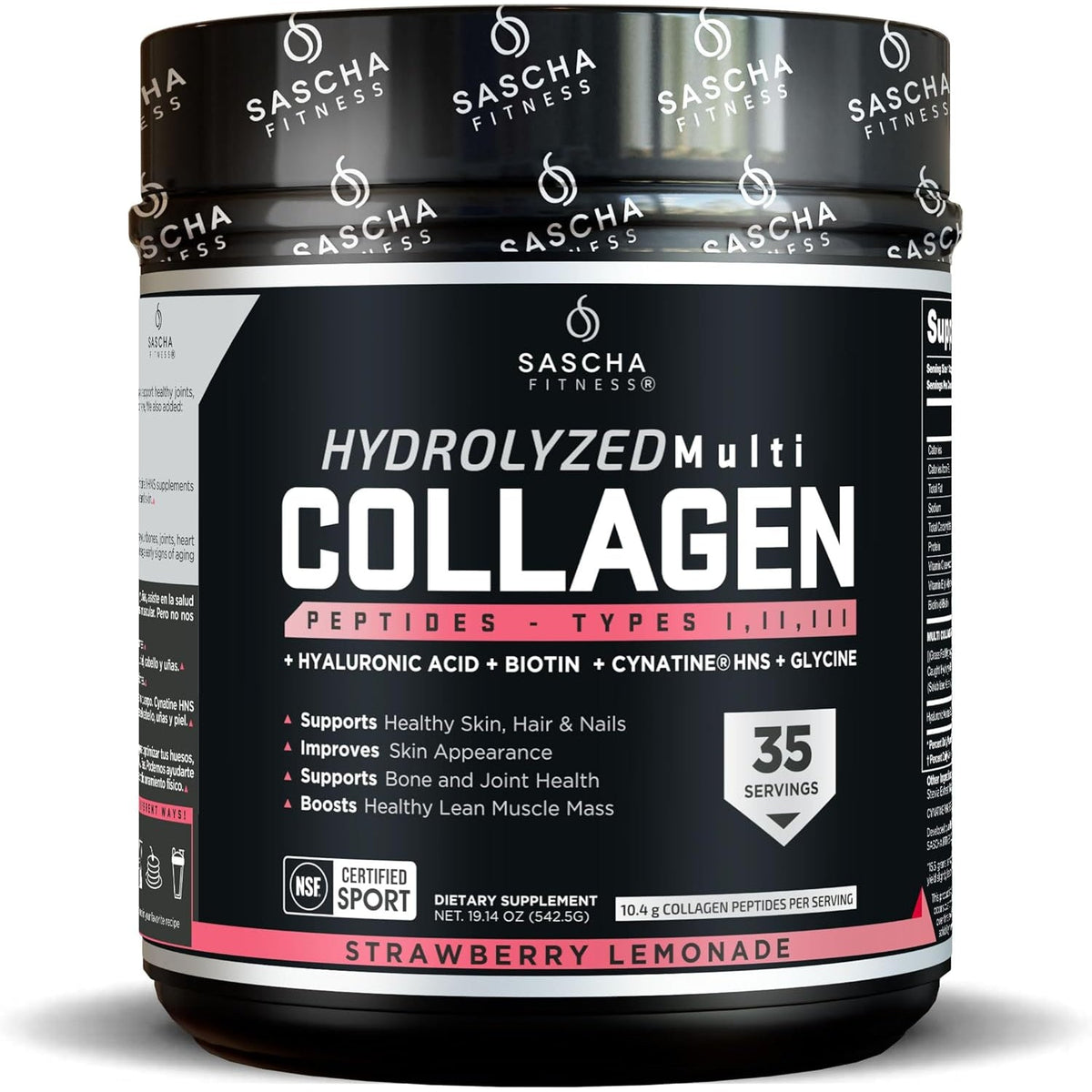 SASCHA FITNESS Hydrolyzed Multi Collagen Peptides Tipes 1,2 & 3 |Hyaluronic Acid|Biotin |Cynatine Hsn|Vitamin C & E |For Hairs, Skin & Bone Support|Strawberry Lemonade