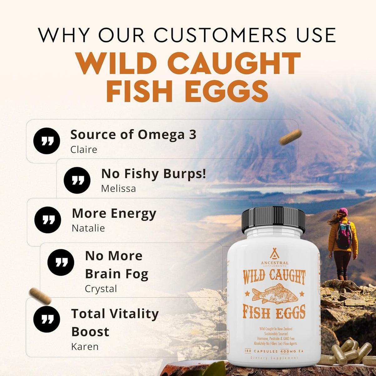 Ancestral Supplements Wild Caught Fish Eggs, 2400Mg, Omega-3 Supplement Supports Brain, Heart, Fertility and Inflammatory Health, Whole Food Source of Vitamin D, K2, and A, Non-Gmo, 180 Capsules