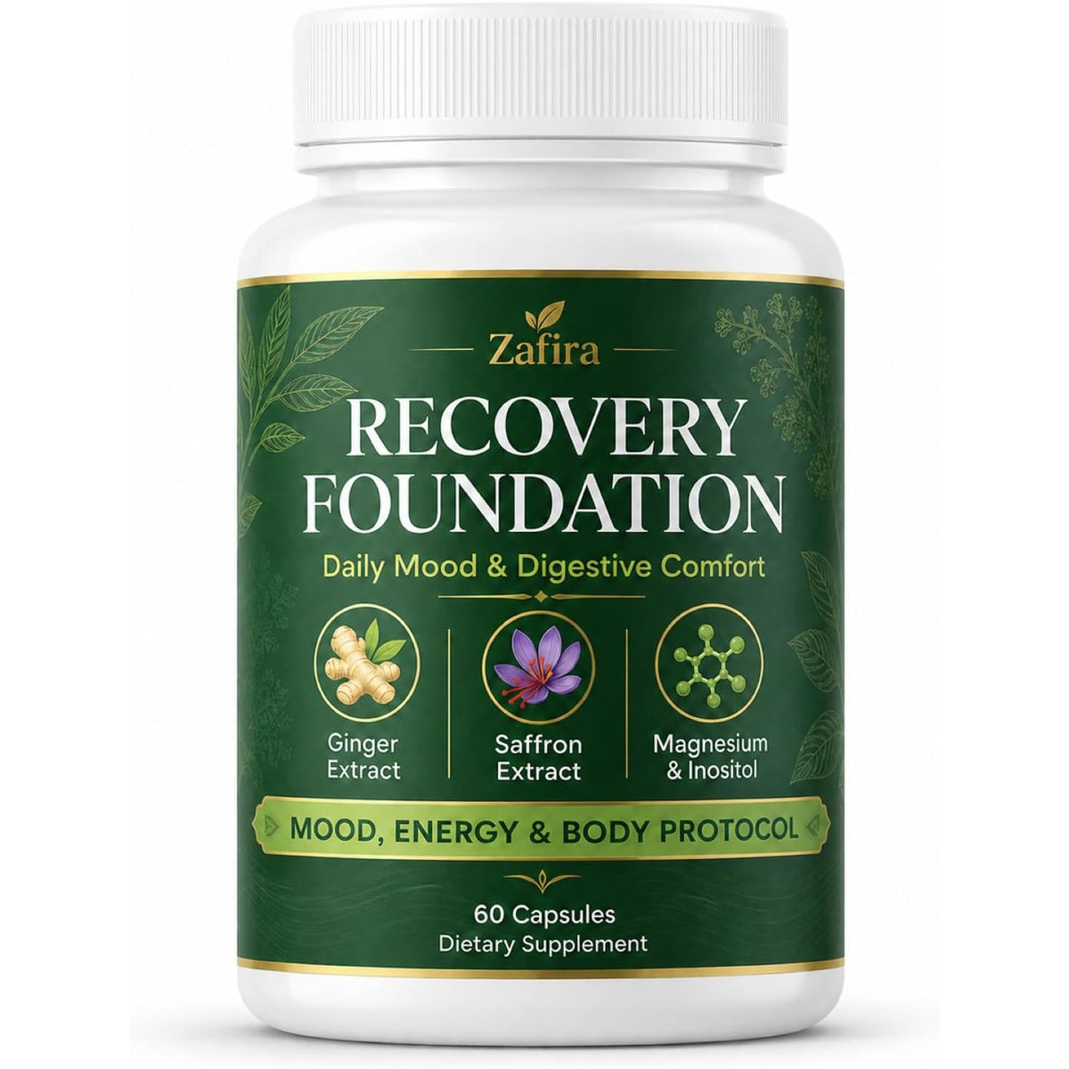 Zafira Recovery Foundation Capsules, Mood & Digestive Support with Saffron, Ginger, Non-Gmo, Gluten-Free, 60 Capsules (1 Pc)