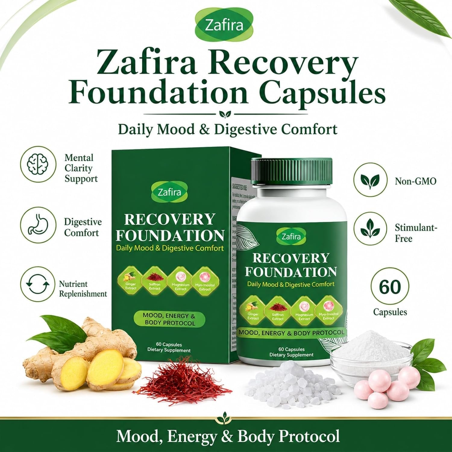 Zafira Recovery Foundation Capsules – Clear Mental Fog, Reduce Hair Loss & Boost Digestion | Clinically Tested, All-Natural Ingredients，Non-Gmo, 60 Capsules