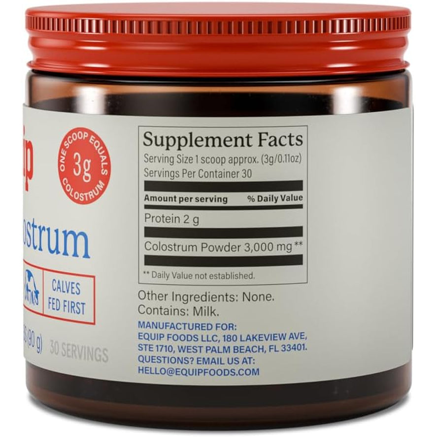 Equip Foods Core Bovine Colostrum Powder - 3,000Mg Grass Fed Colostrum Supplement - Gut Health, Immunity, Recovery Lactoferrin Supplements - Keto Friendly Bovine Colostrum, 30 Servings, Unflavored