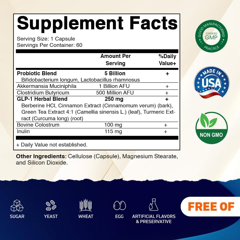 Vitamatic GLP-1 Support Supplement for Men & Women 60 Capsules - Made with Akkermansia, Probiotics, Prebiotic, Clostridium, Berberine, Cinnamon, Green Tea, Turmeric & Colostrum
