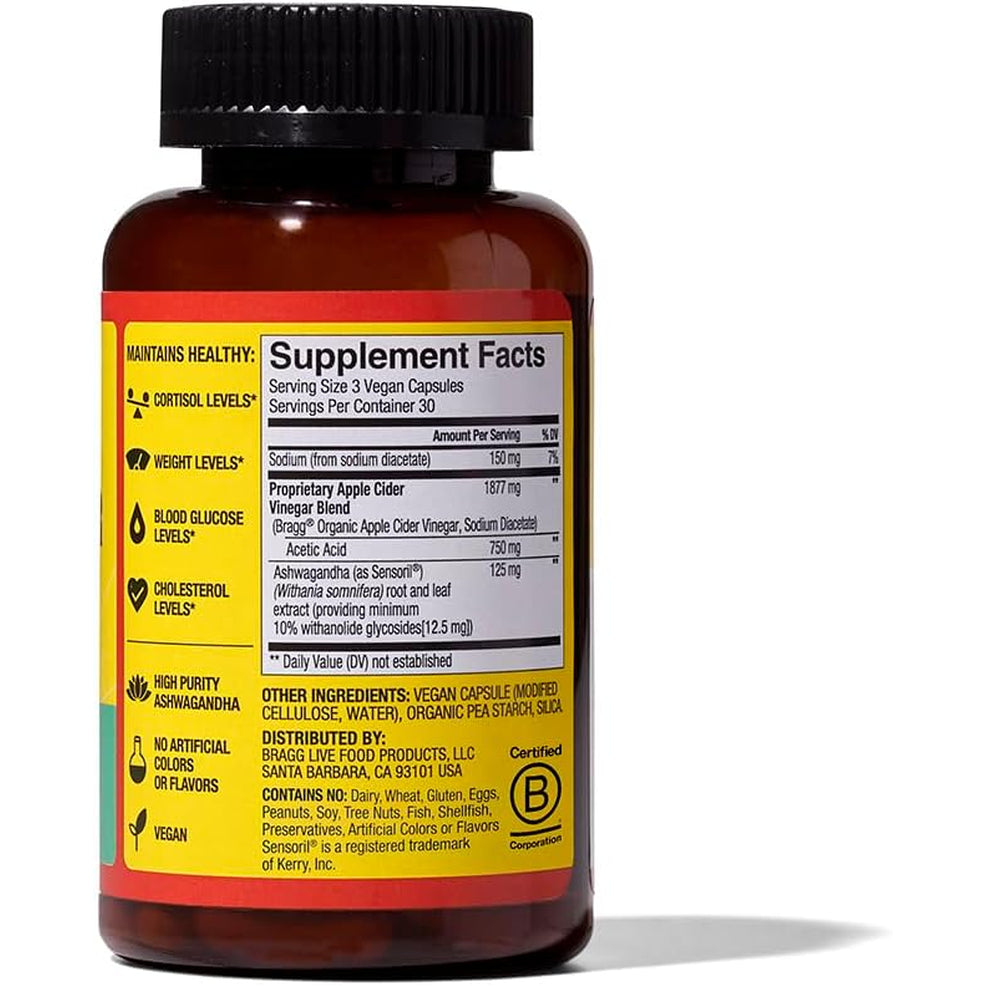 Bragg Daily Balance Apple Cider Vinegar and Sensoril Ashwagandha Capsules - 750Mg of Acetic Acid – Energy & Weight Management Support - (90 Pills)