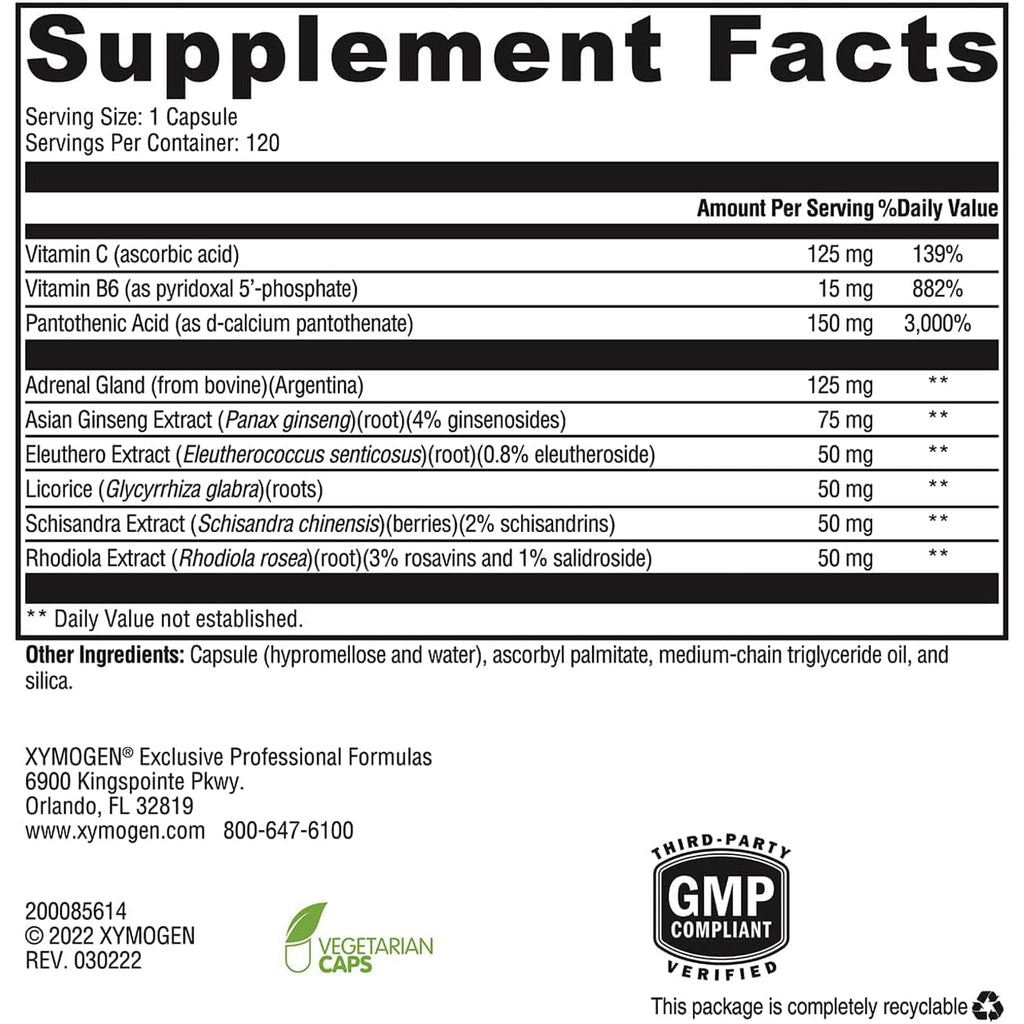 XYMOGEN Adrenaliv - Adrenal Support Supplement* - Stress Response, Energy & Stamina Support* - Non-Gmo, Gluten-Free, Dairy Free - 120 Capsules