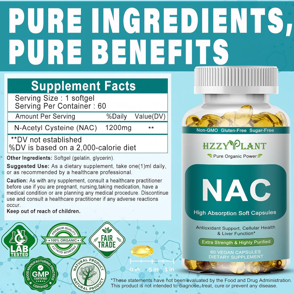 NAC Supplement - NAC Softgels for Antioxidant, Immune, Respiratory, Liver Health Support - High Absorption NAC Supplement N Acetyl Cysteine 1200Mg - Non-Gmo, Gluten-Free, Vegan - 2 Month Supply
